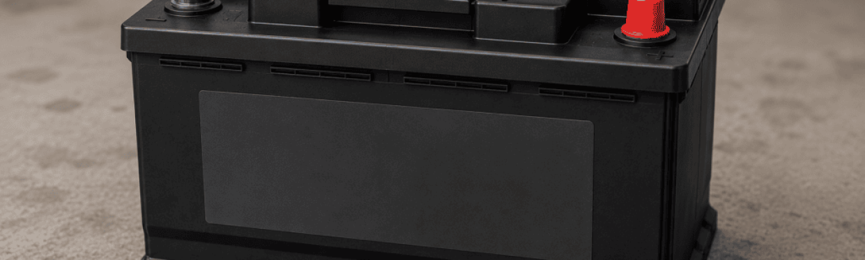 Eine schwarze, defekte Autobatterie mit zwei Polen, von denen einer mit einer roten Kappe abgedeckt ist, liegt auf einem Betonboden. Die Batterie ist rechteckig, weist geprägte Details auf und hat auf der Vorderseite einen leeren Etikettenbereich – das Erkennen von Anzeichen kann hier bei der Hilfe helfen.